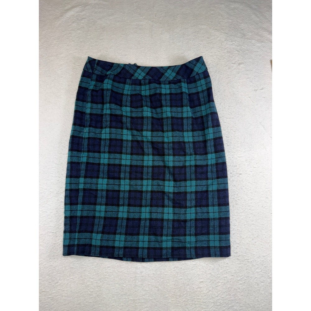 Chadwicks Teal Navy Blue Plaid Wool Blend Pencil Skirt Size 12T Tall Lined